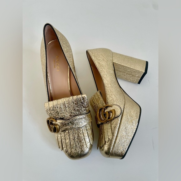 Gucci Metallic Gold Marmont GG Platform Platino Fringe Logo Block Heel pumps 38 - Picture 10 of 13